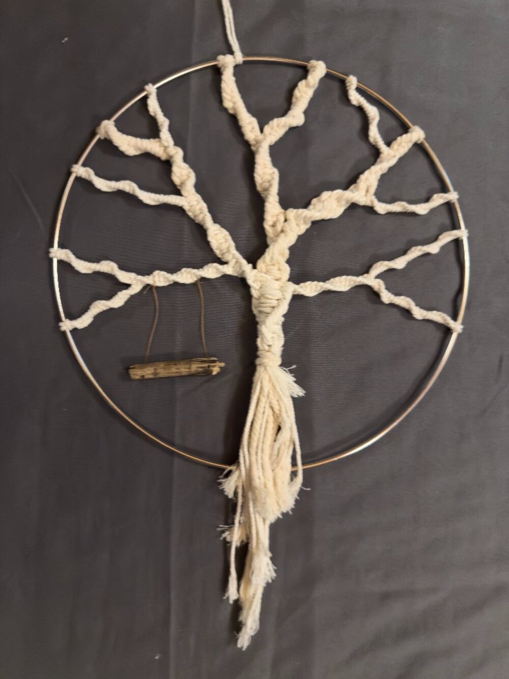 10" Silver Round Ring Boho Macrame Natural Cream Tree of Life with Wood Swing